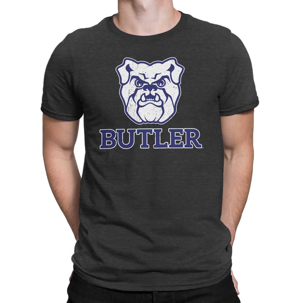 Butler University White and Blue Bulldog Design on Charcoal Unisex Shirt