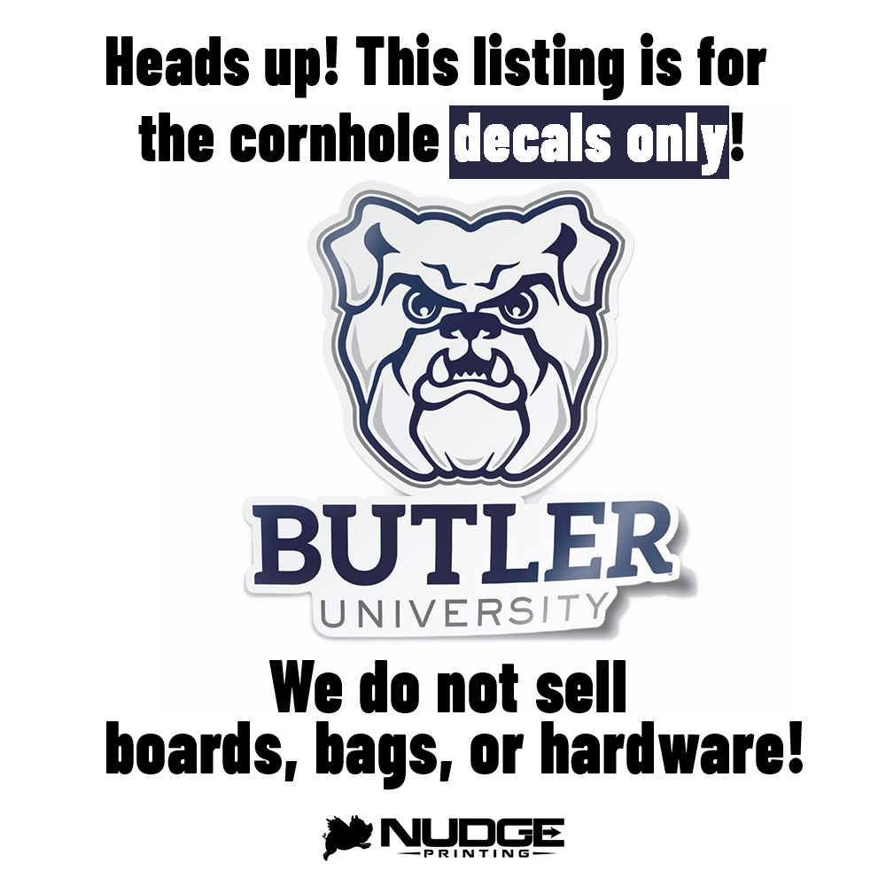 White and Blue "Butler University" with Blue the Bulldog Design Cornhole Decal