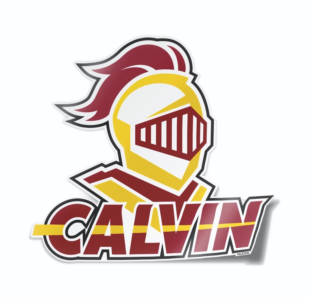 Calvin University Yellow and Red Knight with "CALVIN" Jumbo Decal for Corn Hole Board