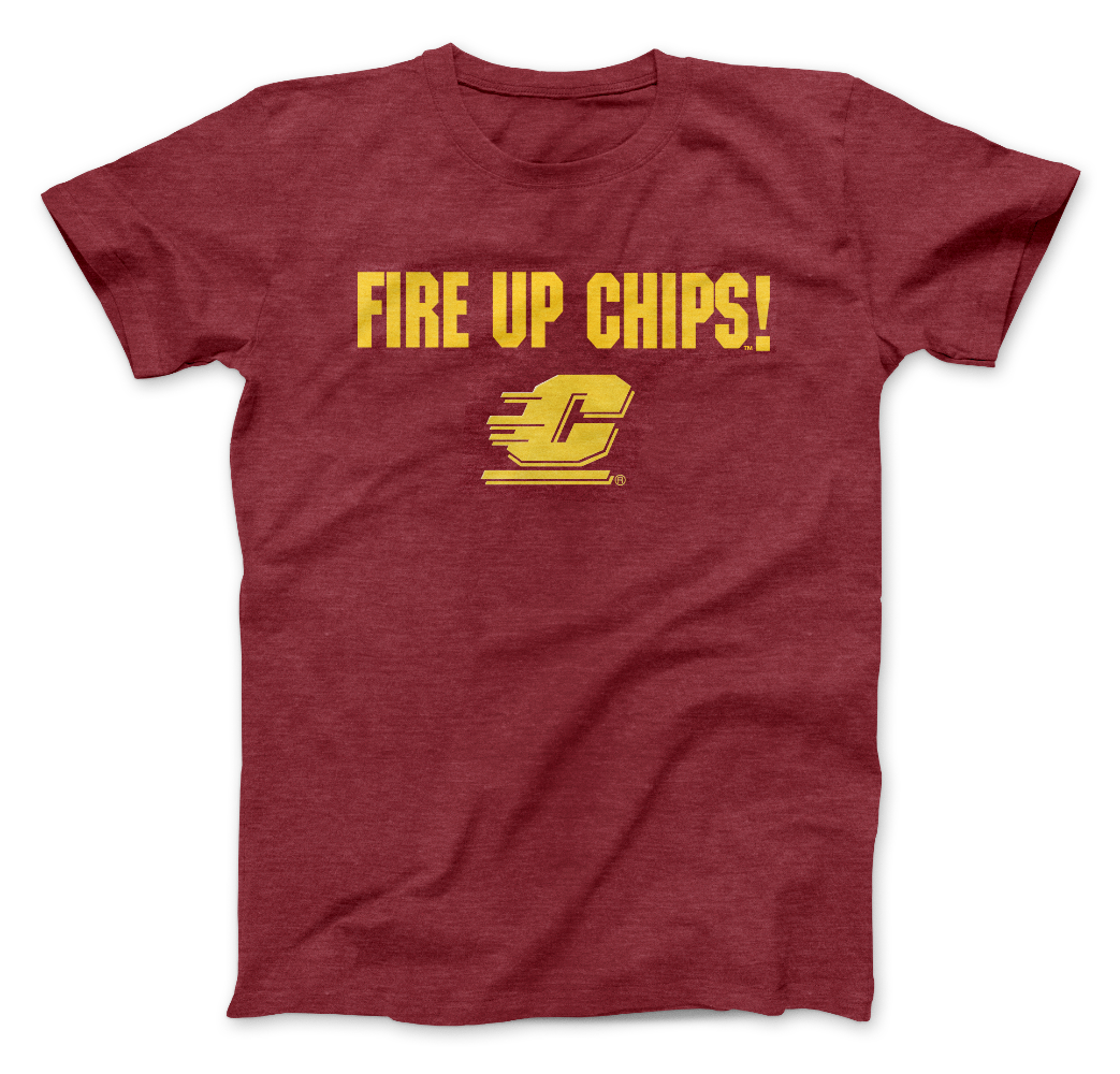 Central Michigan University Chippewas Fire Up Chips Maroon and gold t-shirt - Nudge Printing