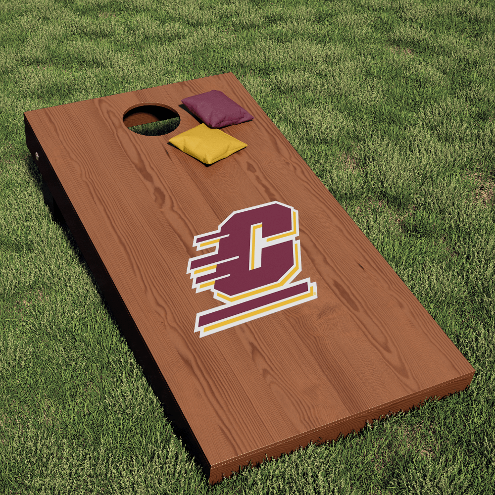 Central Michigan University Maroon and Gold Flying C Logo on Cornhole Board