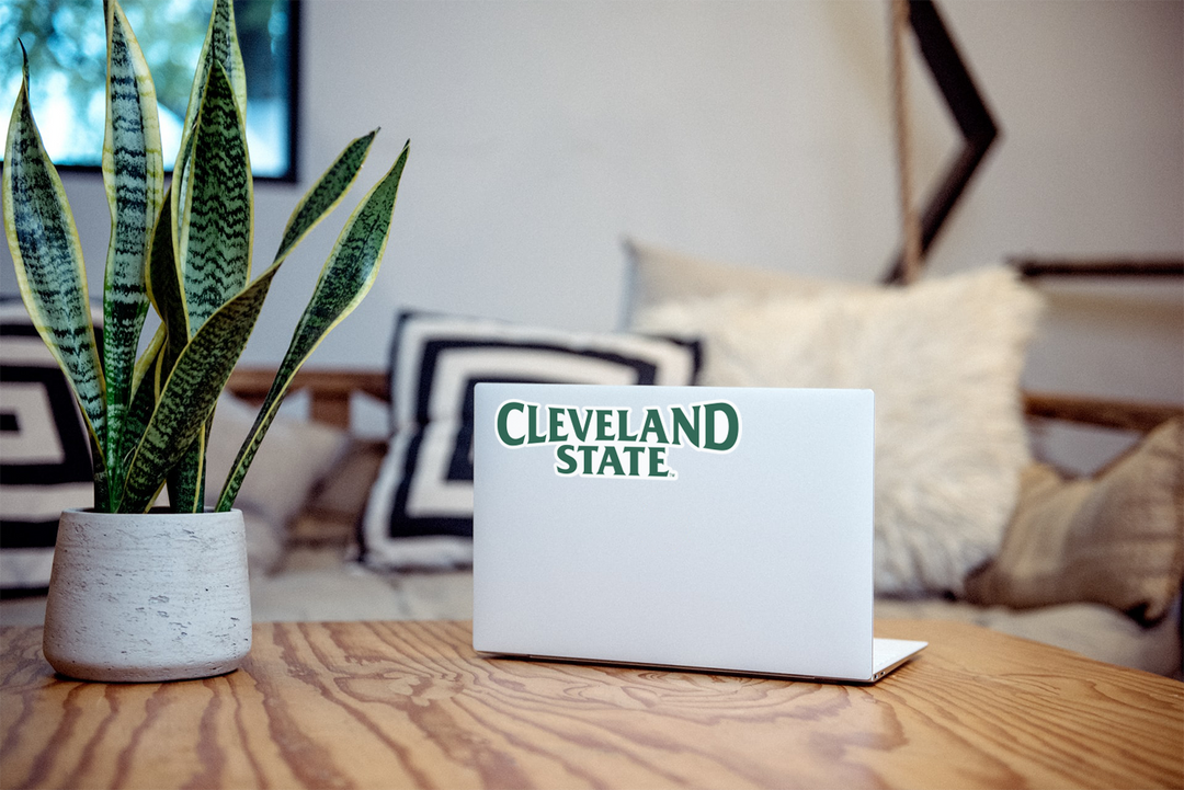 Green and White Cleveland State University Decal on Computer