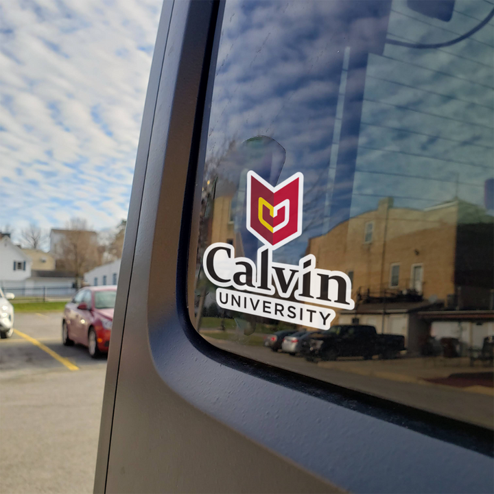 Calvin University Academic Shield Logo Decal on Car