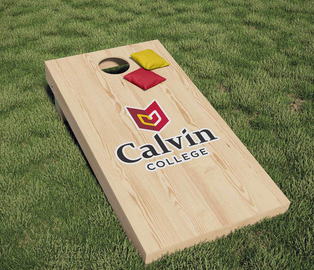 Calvin University Knights Red, Yellow, Black, and White Logo on Jumbo Corn Hole Decal