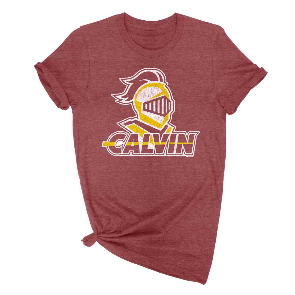 Calvin University Knight Logo with "CALVIN" design printed on soft red unisex t-shirt
