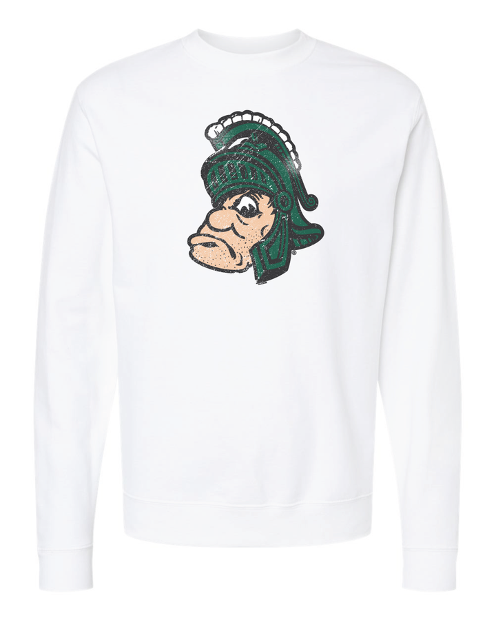 Front of white Michigan State Sweatshirt with Gruff Sparty Print from Nudge Printing