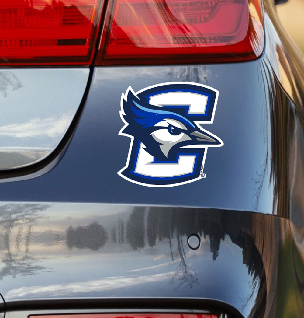 Blue and White Creighton Bluejays Decal on Back of Car