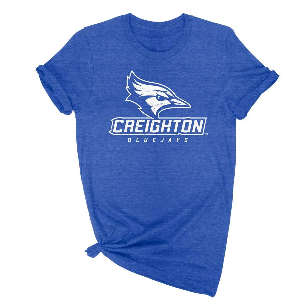 Creighton University White Wordmark Logo on Royal Blue T-shirt