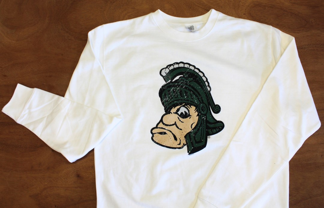 Front of white Michigan State Sweatshirt with Gruff Sparty printed on Chest
