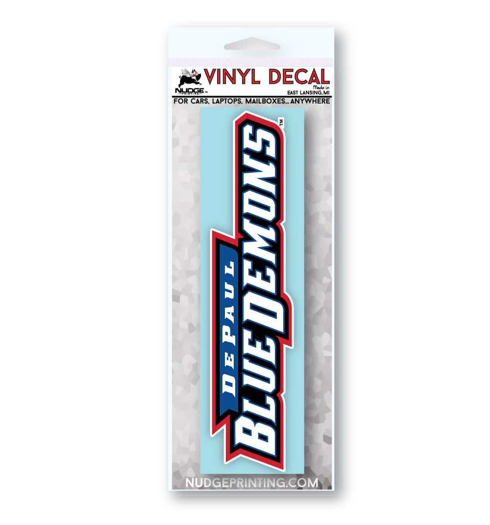 Blue, Red, and White "DePaul Blue Demons" wordmark design decal for car, computer, and water bottle