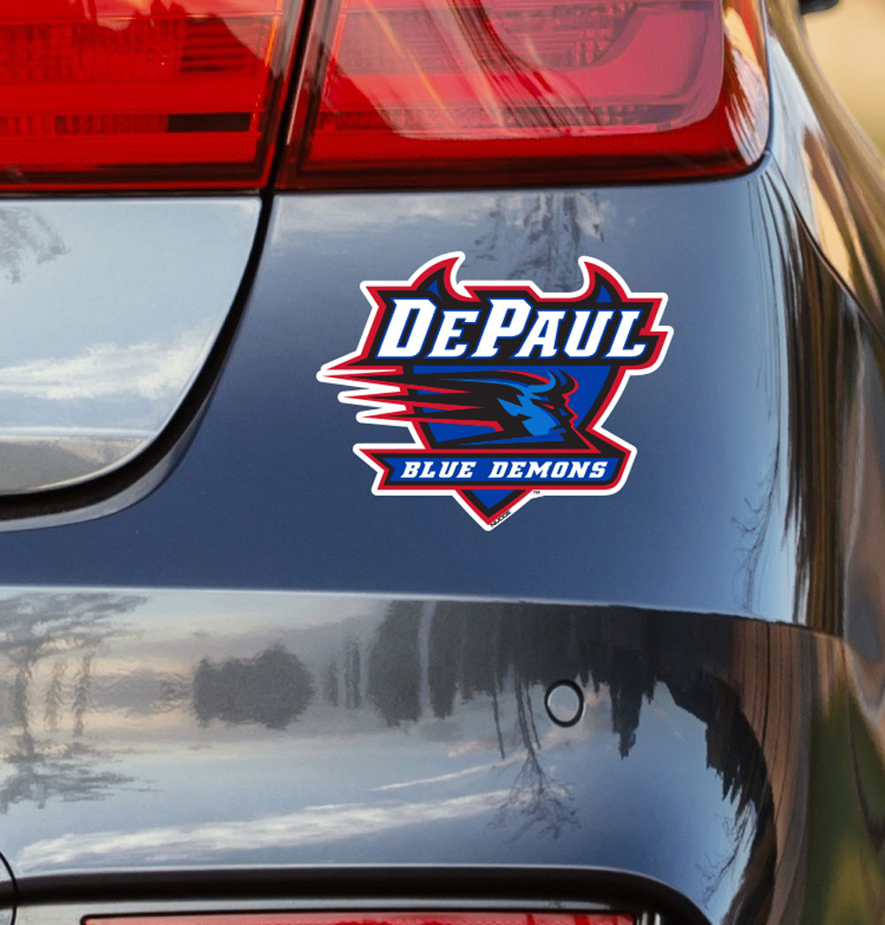 Blue and Red DePaul University Demons Primary Logo on Back of Car