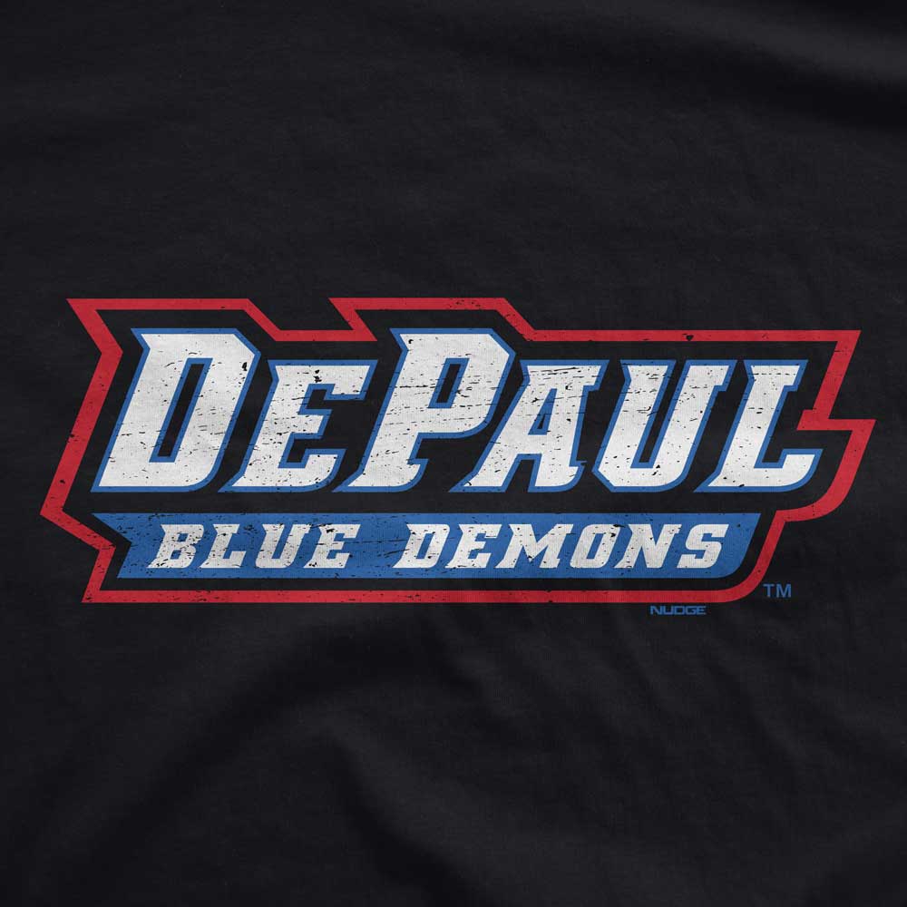 White, Blue, and Red DePaul Demons Logo on Tee