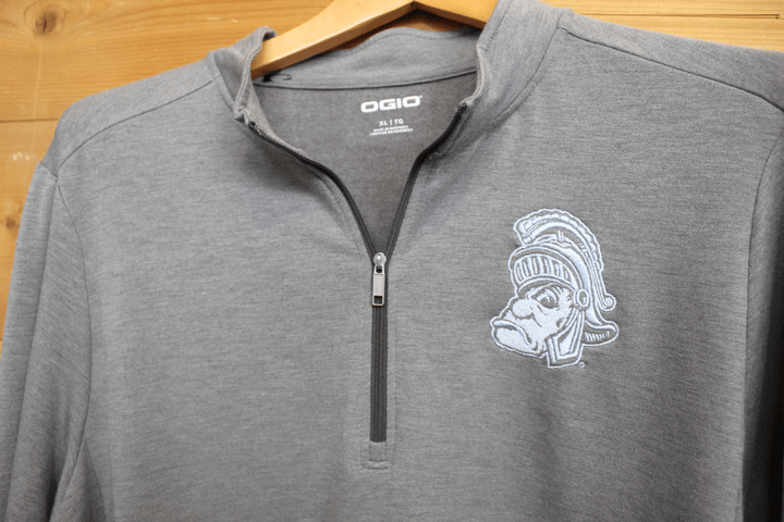 Michigan State University Embroidered Gruff Sparty Grey OGIO Quarter Zip Pullover - Unisex  Edit alt text