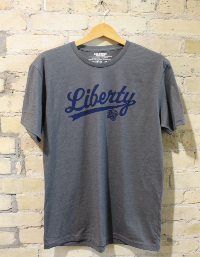 Liberty University LU Flames Script Cursive Font Short Sleeve T-Shirt (Grey)