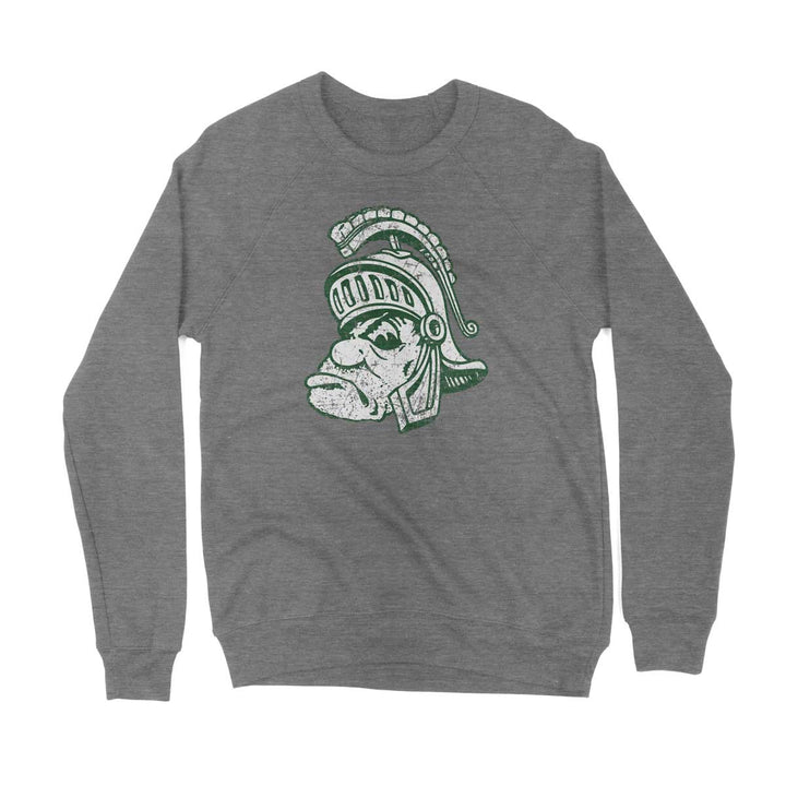 Michigan State University Gruff Sparty Crew Neck Sweatshirt (Green & White on Gray) - Nudge Printing