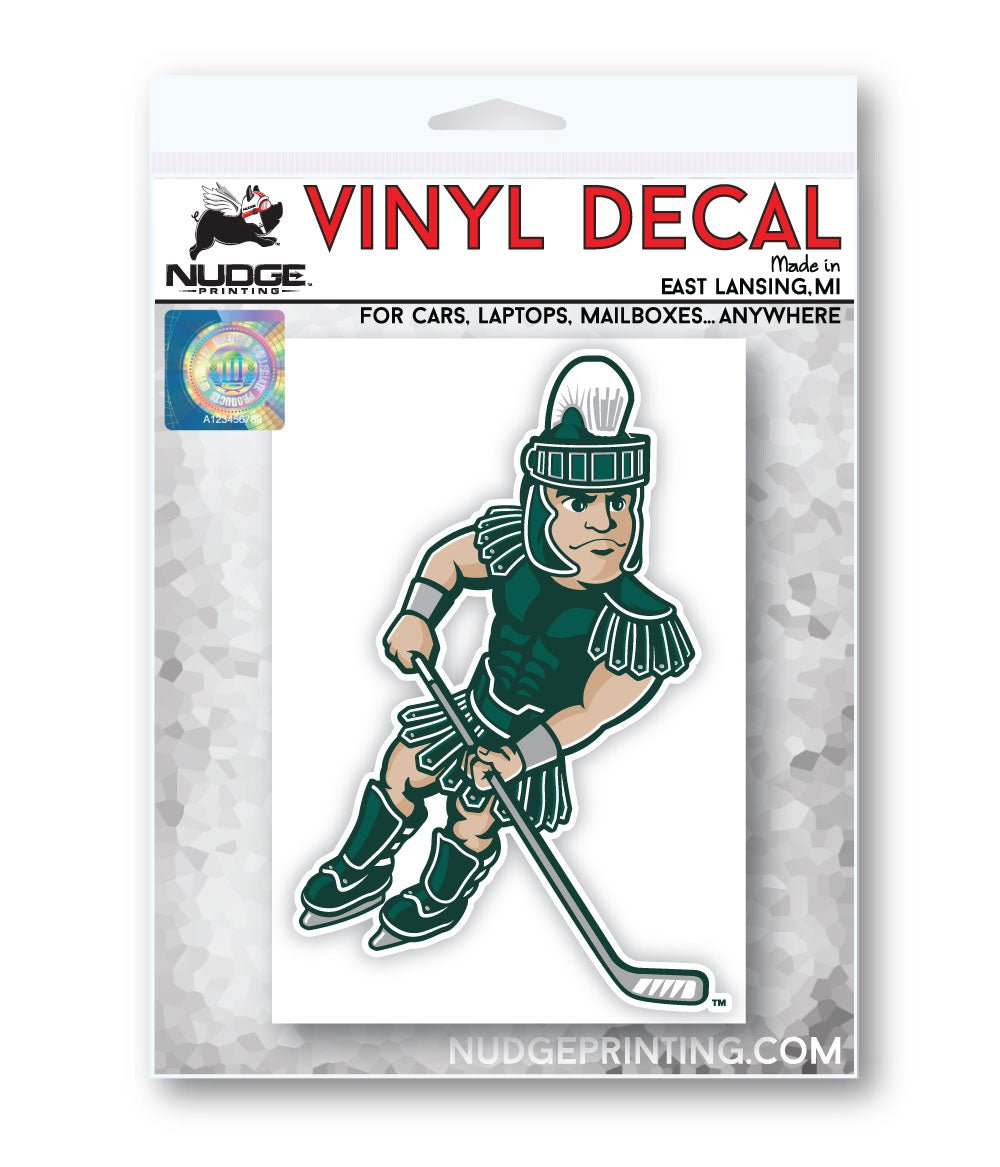 Michigan State Spartans Sticker Car Window Decal MSU Sparty Mascot Playing Hockey with Hockey Stick and Skates