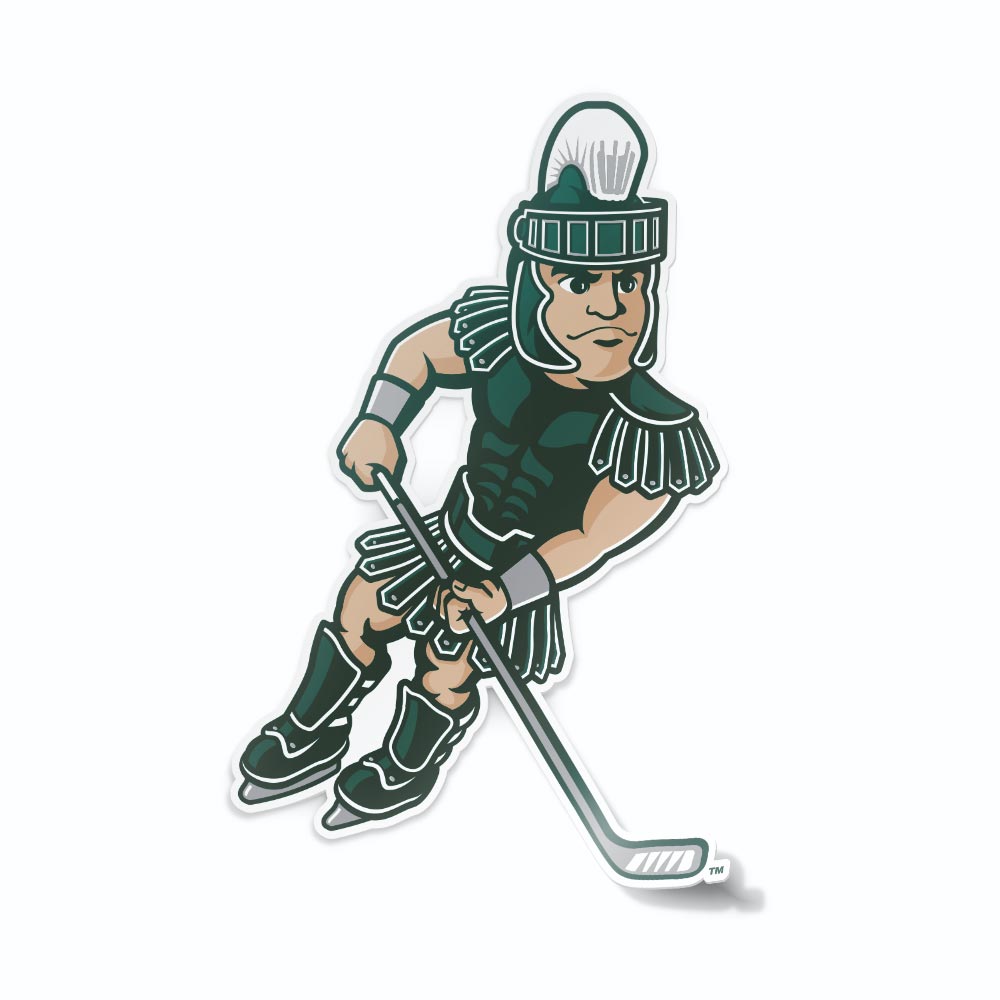 Michigan State Spartans Sticker Car Window Decal MSU Sparty Mascot Playing Hockey with Hockey Stick and Skates