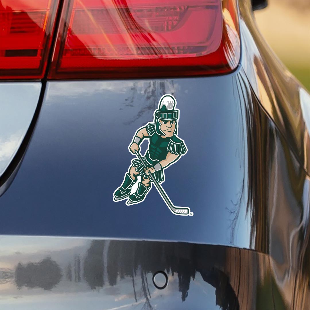 Michigan State Spartans Sticker Car Window Decal MSU Sparty Mascot Playing Hockey with Hockey Stick and Skates