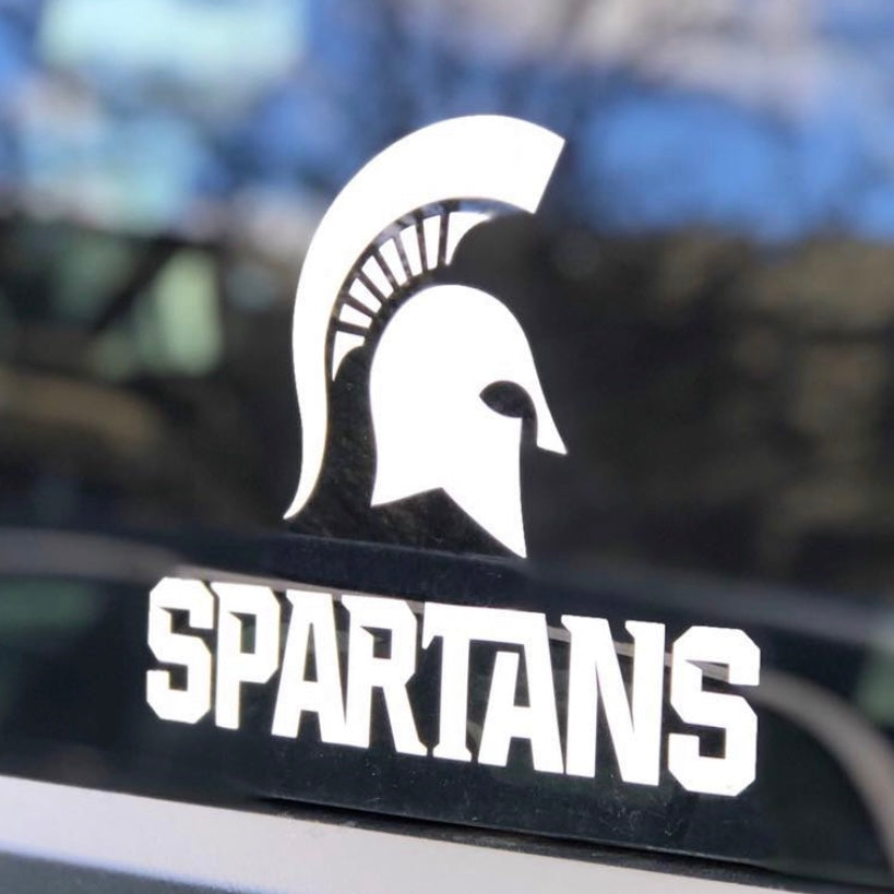 White MSU Spartan Helmet Car Decal on car