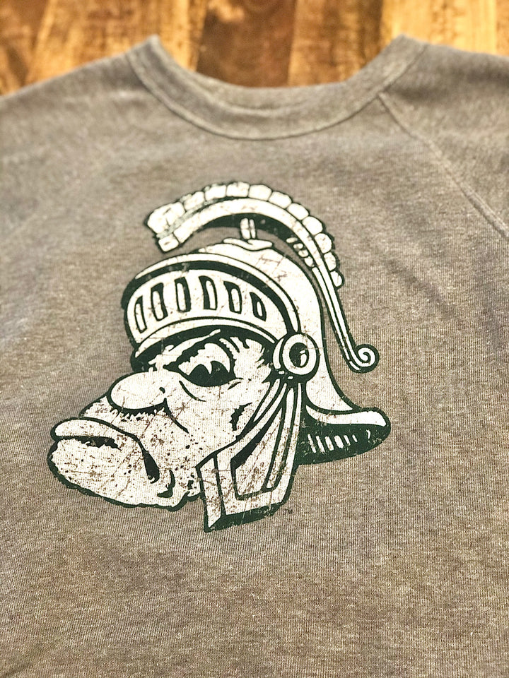 Michigan State University Gruff Sparty Crew Neck Sweatshirt (Green & White on Gray) - Nudge Printing