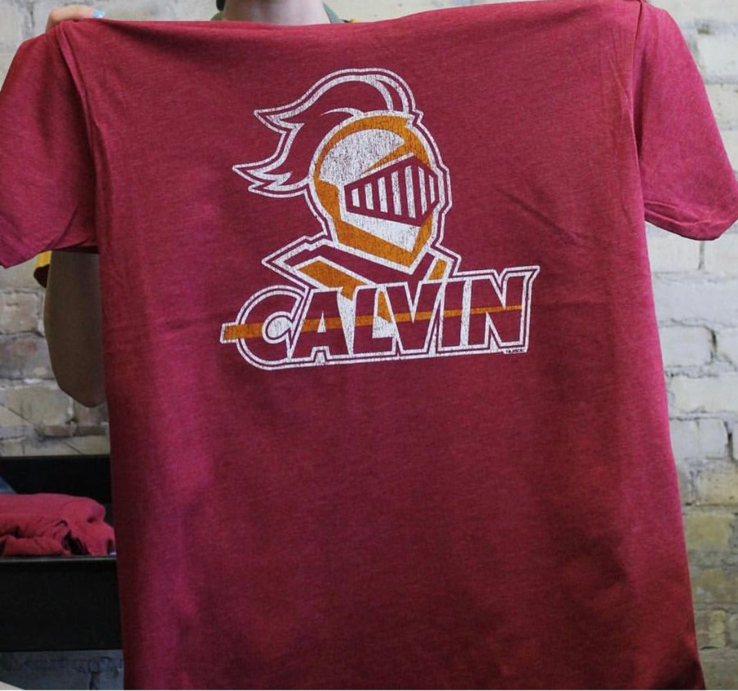 Calvin University Knights Yellow and White Design Printed on Red T-shirt