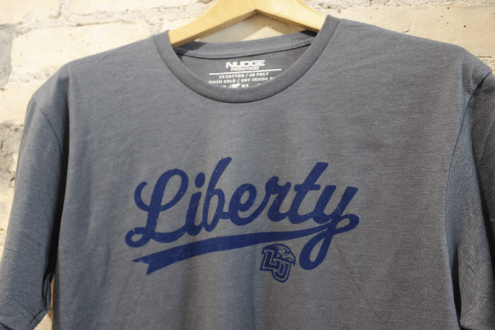 Liberty University LU Flames Script Cursive Font Short Sleeve T-Shirt (Grey)