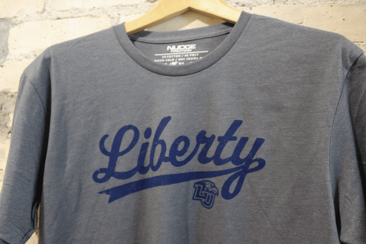 Liberty University LU Flames Script Cursive Font Short Sleeve T-Shirt (Grey)