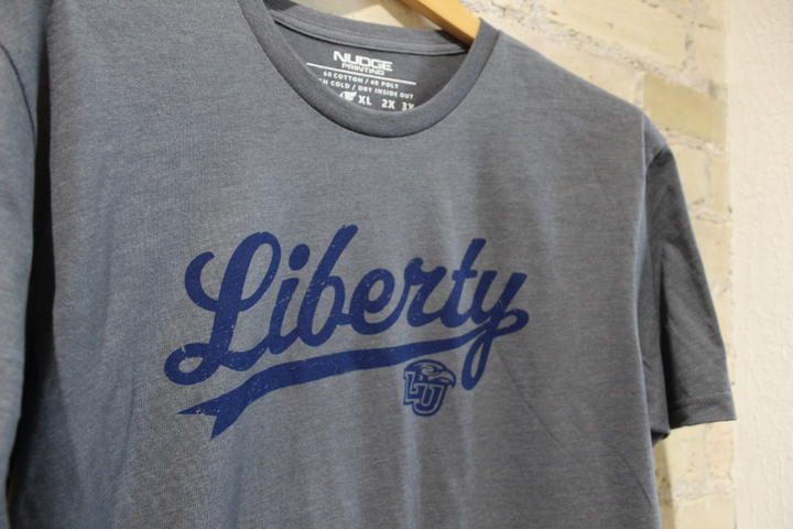 Liberty University LU Flames Script Cursive Font Short Sleeve T-Shirt (Grey)