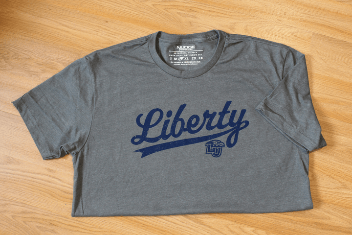 Liberty University LU Flames Script Cursive Font Short Sleeve T-Shirt (Grey)