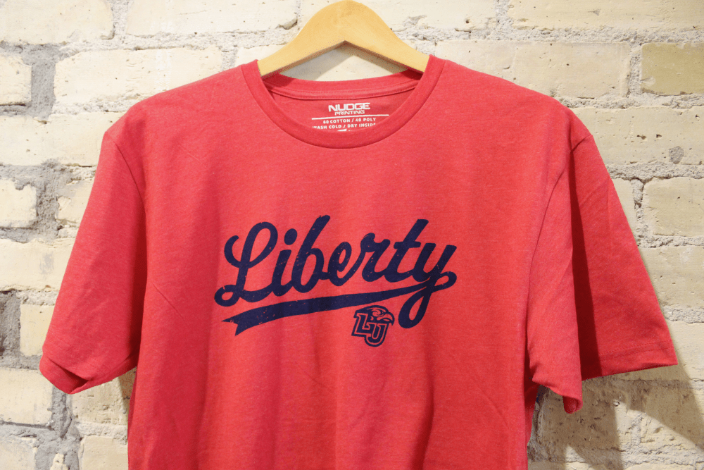 Red Liberty University Script Shirt LU Apparel Short Sleeve Tee Tshirt Top