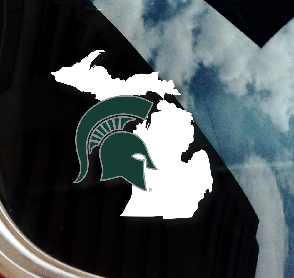 Michigan State University Spartan Helmet on State of Michigan Car Decal - Nudge Printing