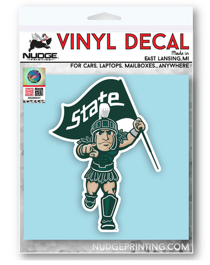 Ready for Battle MSU Michigan State Running Sparty with State Flag Car Decal Sticker