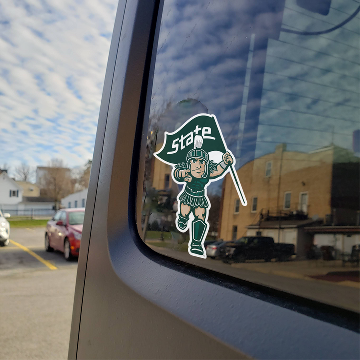 Ready for Battle MSU Michigan State Running Sparty with State Flag Car Decal Sticker