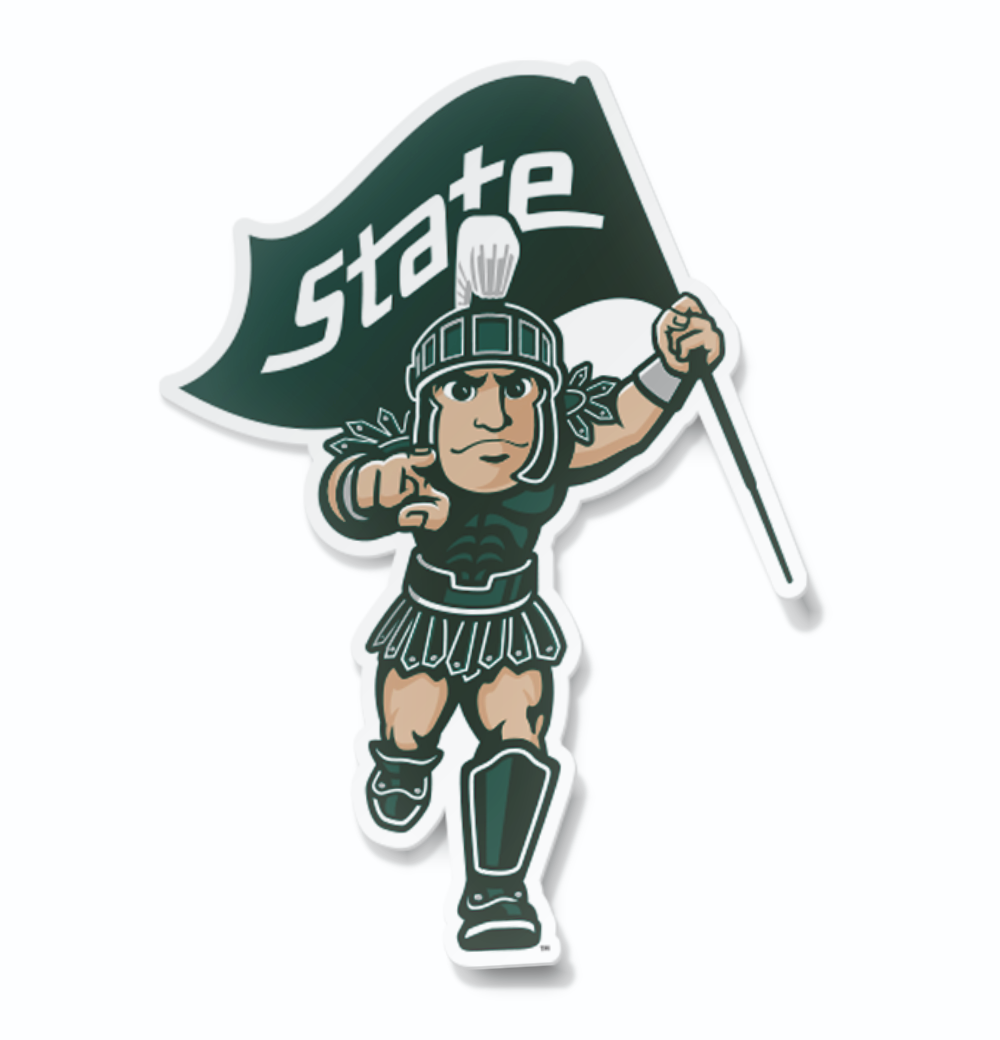 Ready for Battle MSU Michigan State Running Sparty with State Flag Car Decal Sticker