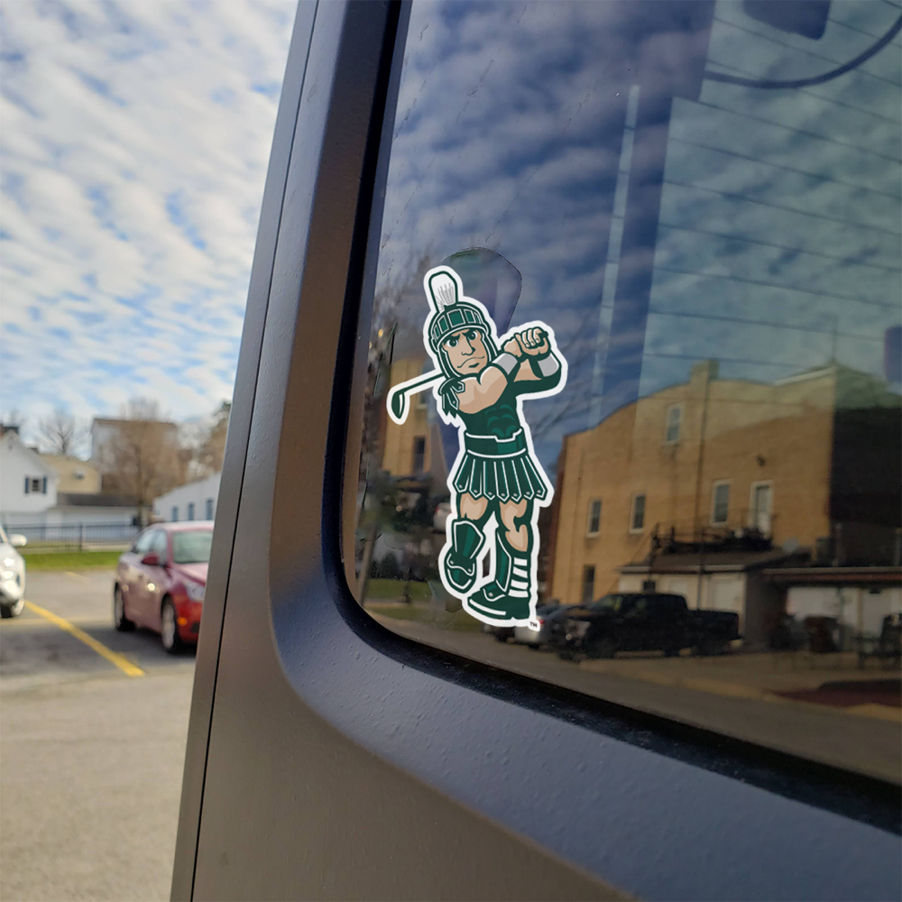 Michigan State golfing Sparty car decal on car