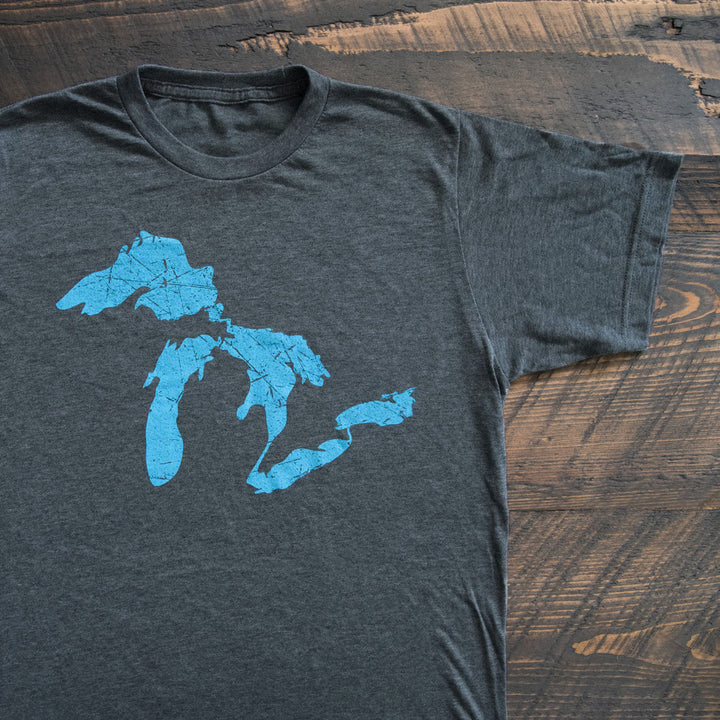 Great Lakes of Michigan Outline of Lake Huron, Ontario, Michigan, Erie, Superior Lakes T-Shirt - Nudge Printing