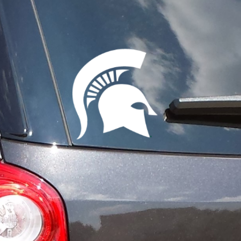White Spartan Helmet car decal for Michigan State University on car from Nudge Printing