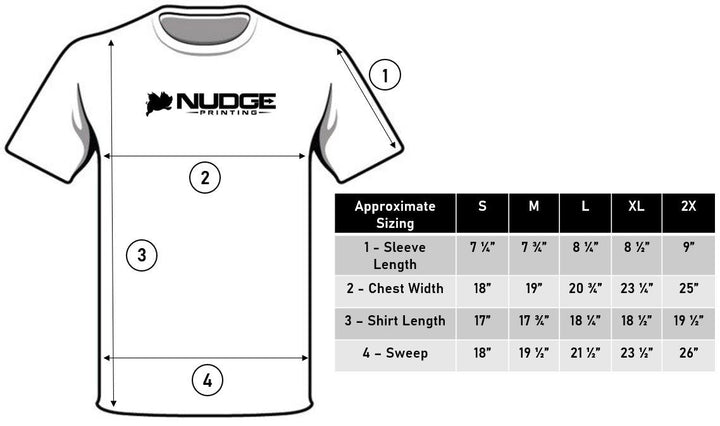 Nudge Printing Collegiate Licensed Shirt Size Chart