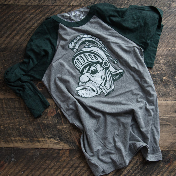 Michigan State University Spartans Gruff Sparty Raglan 3/4 Sleeve Baseball Shirt - Nudge Printing