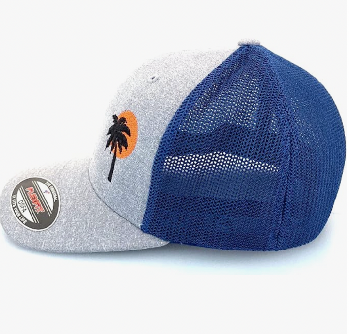 Palm Tree Sunset Trucker Hat Fitted Baseball Cap Grey and Blue