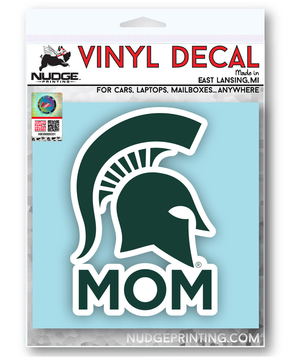Nudge Printing Michigan State Mom Decal in Packaging
