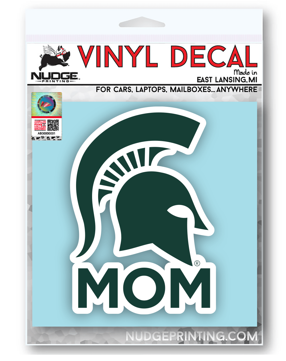 Nudge Printing Michigan State Mom Decal in Packaging