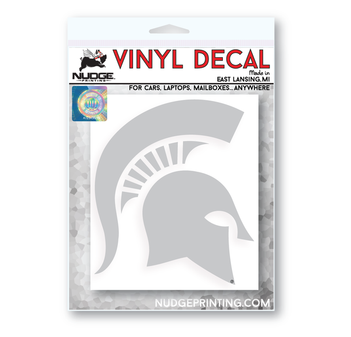 Silver Michigan State Spartan Helmet Decal Sticker in Packaging