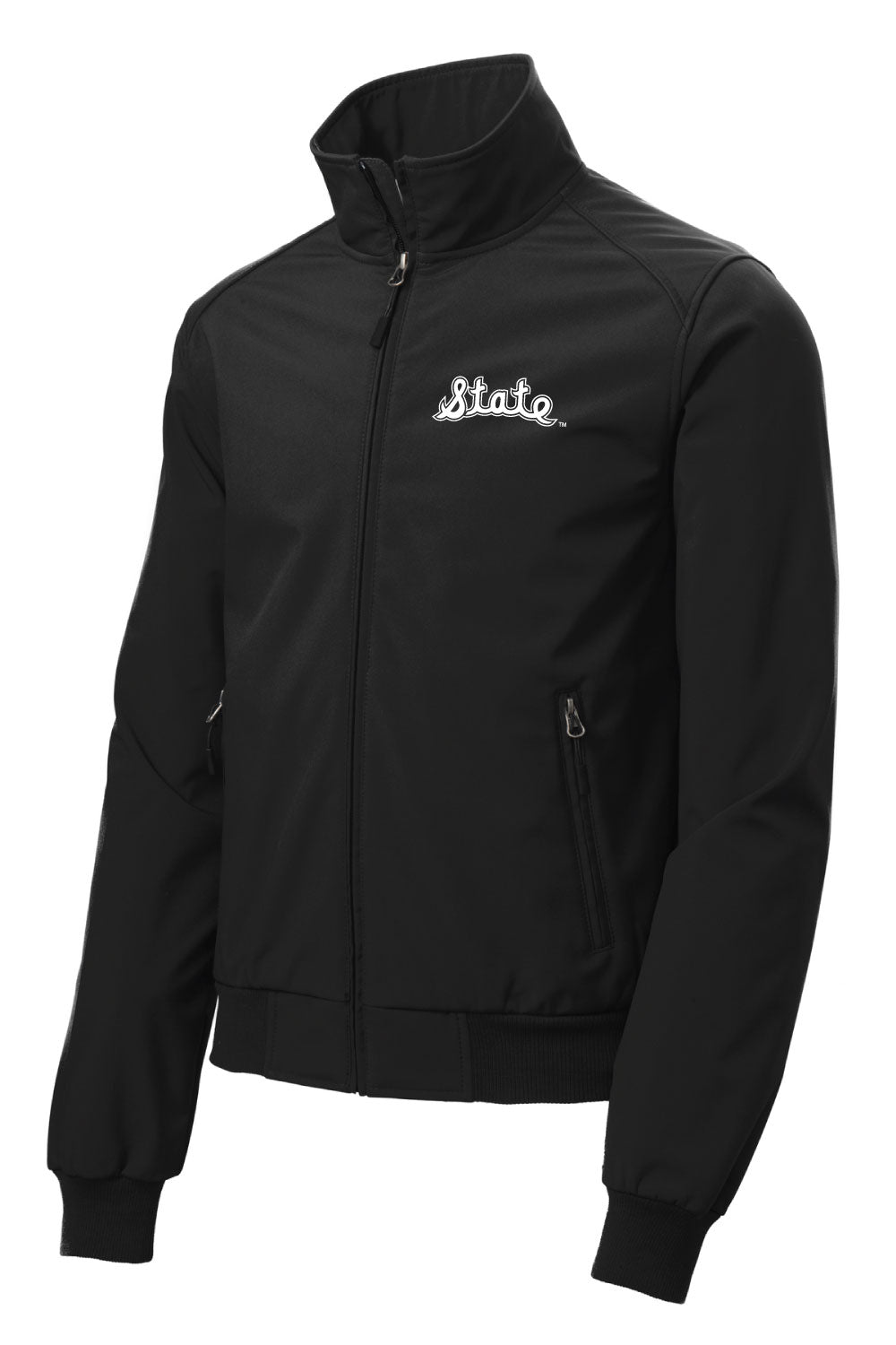 Black Michigan State bomber jacket with white "State" script logo