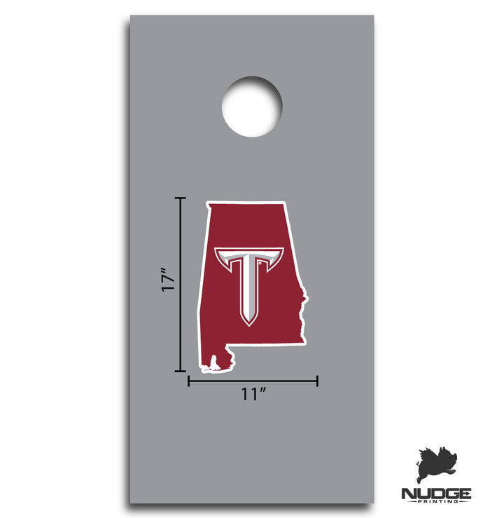 Troy University Trojans Sword T on the state of Alabama cornhole decal sticker - Nudge Printing