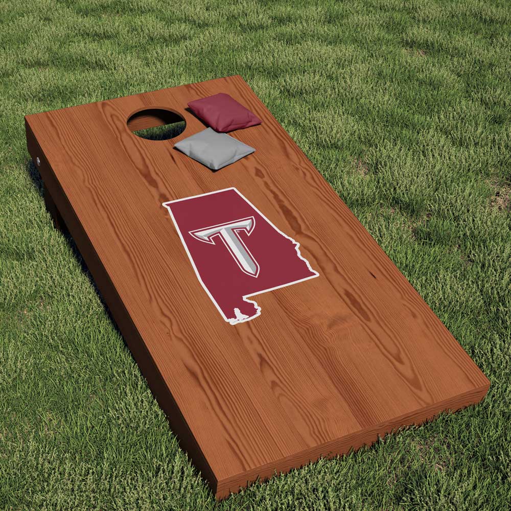 Troy University Trojans Sword T on the state of Alabama cornhole decal sticker - Nudge Printing