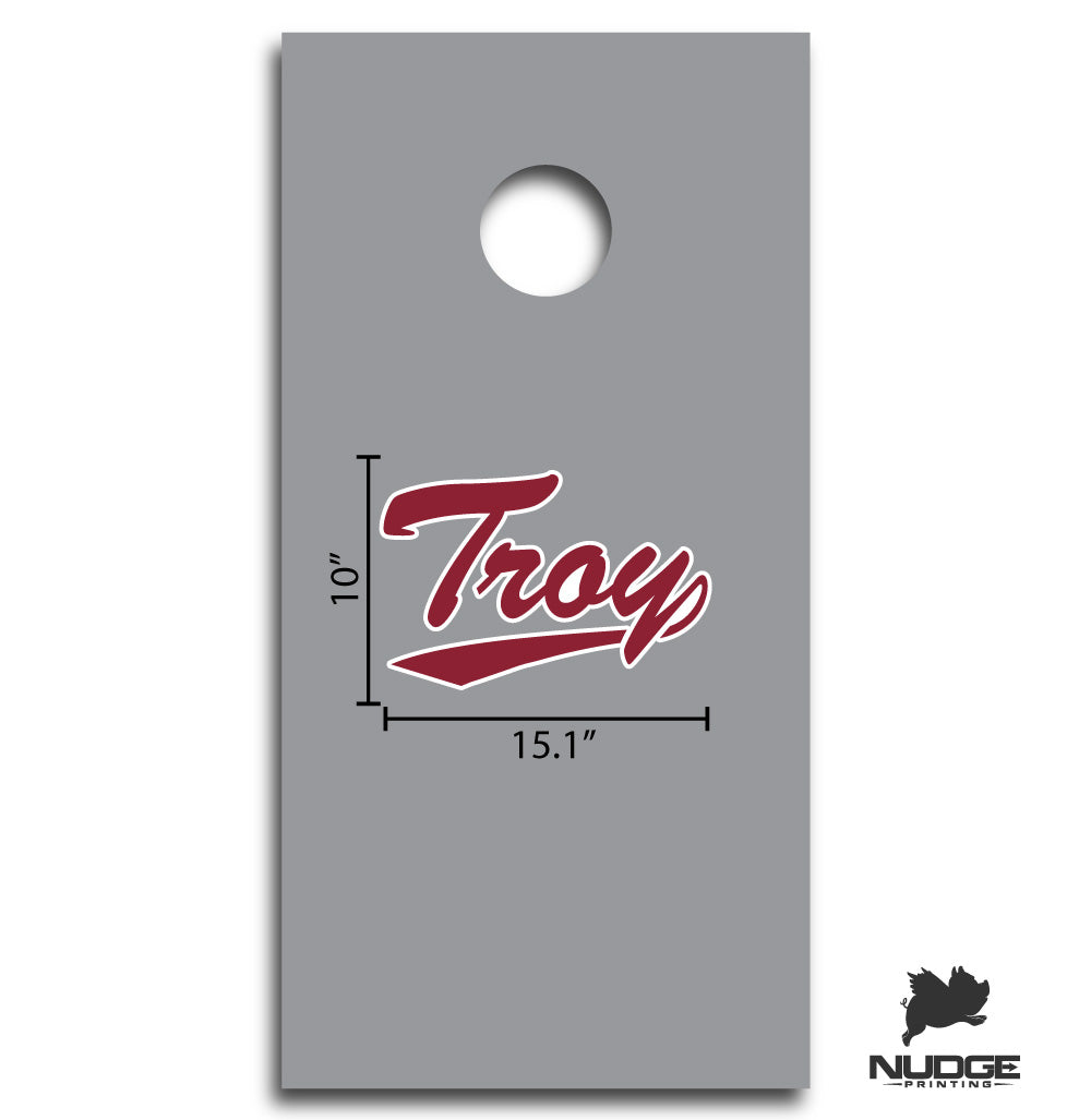 Troy University Trojans script cursive Troy logo cornhole decal sticker - Nudge Printing