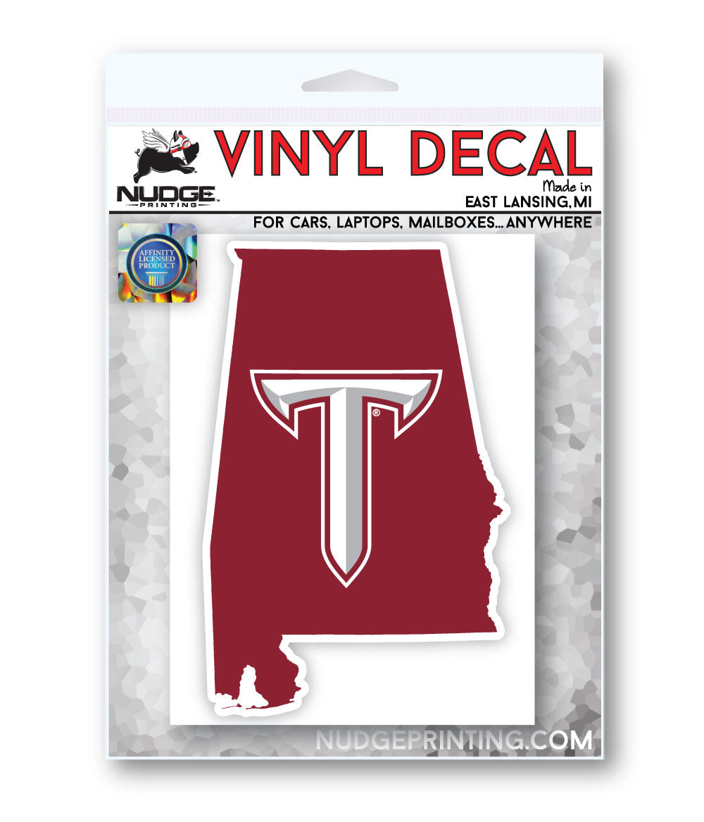 Troy University Trojans Sword T on the state of Alabama car decal bumper sticker - Nudge Printing