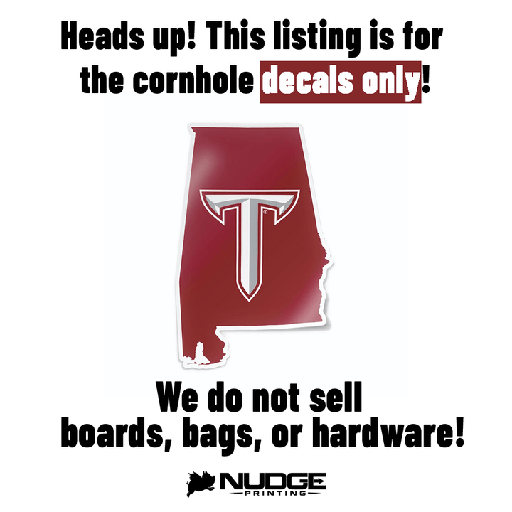 Troy University Trojans Sword T on the state of Alabama cornhole decal sticker - Nudge Printing