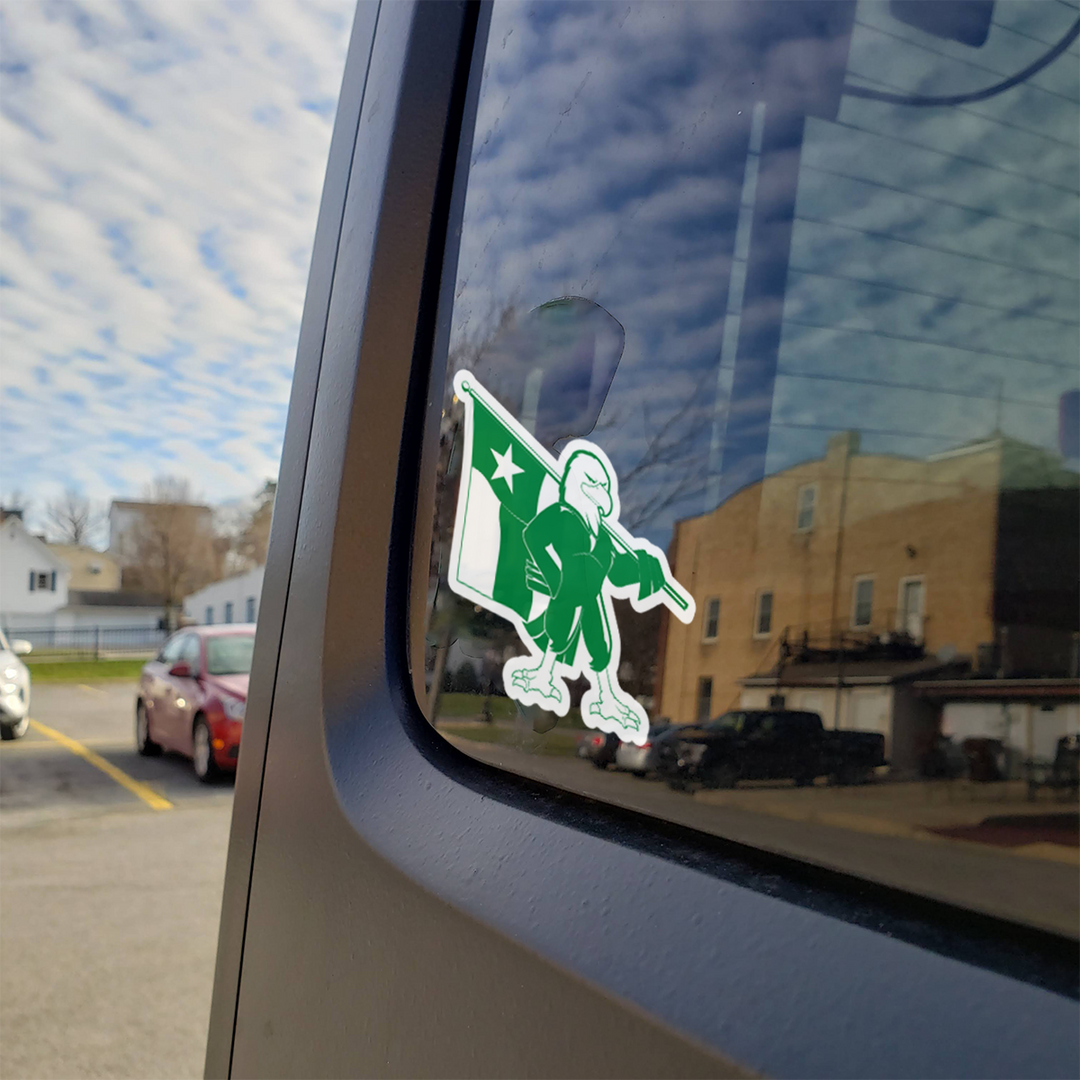 University of North Texas Mean Green Scrappy Eagle and Flag Bumper Sticker Car Decal